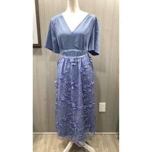 Bloomchic Blue Floral Lace Maxi Dress Women's Size 12 V Neck Flutter Sleeve